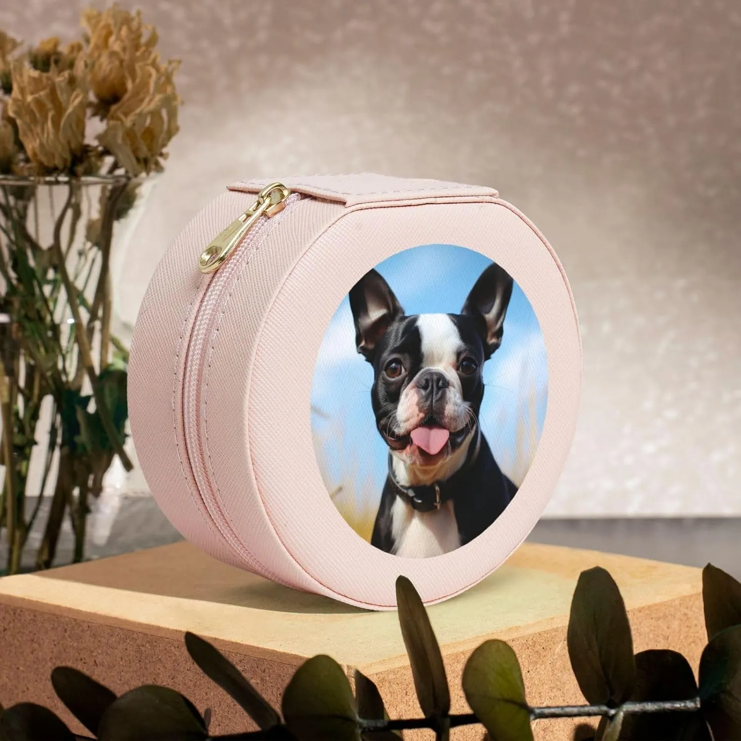 Small Jewelry Box Leather Travel Jewelry Case Waterproof Round Jewelry Organizer Pink For Womens Rings Necklaces Gifts Lovely Boston Terrier