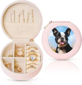 Small Jewelry Box Leather Travel Jewelry Case Waterproof Round Jewelry Organizer Pink For Womens Rings Necklaces Gifts Lovely Boston Terrier