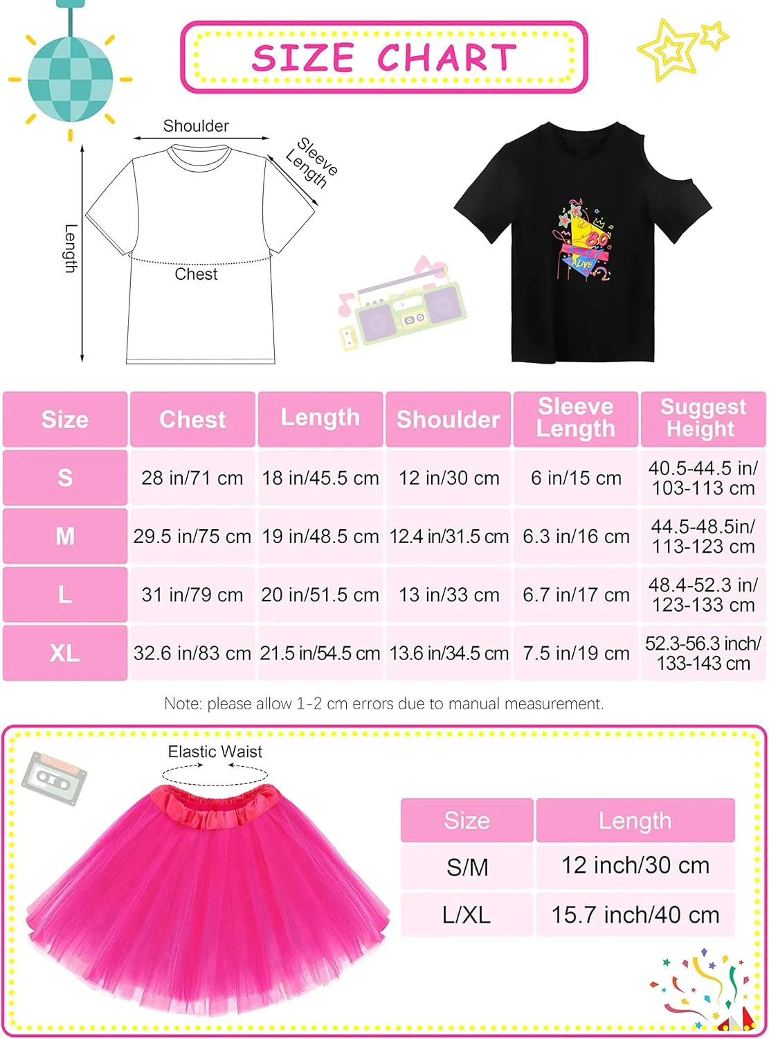 SOMSOC 13 Pieces Kids 80s Costume Accessories Set Girl's 80s Cosplay T-shirt Tutu Outfit Headband Necklace Gloves Leg Warmer