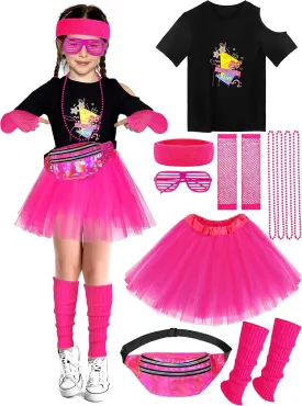 SOMSOC 13 Pieces Kids 80s Costume Accessories Set Girl's 80s Cosplay T-shirt Tutu Outfit Headband Necklace Gloves Leg Warmer