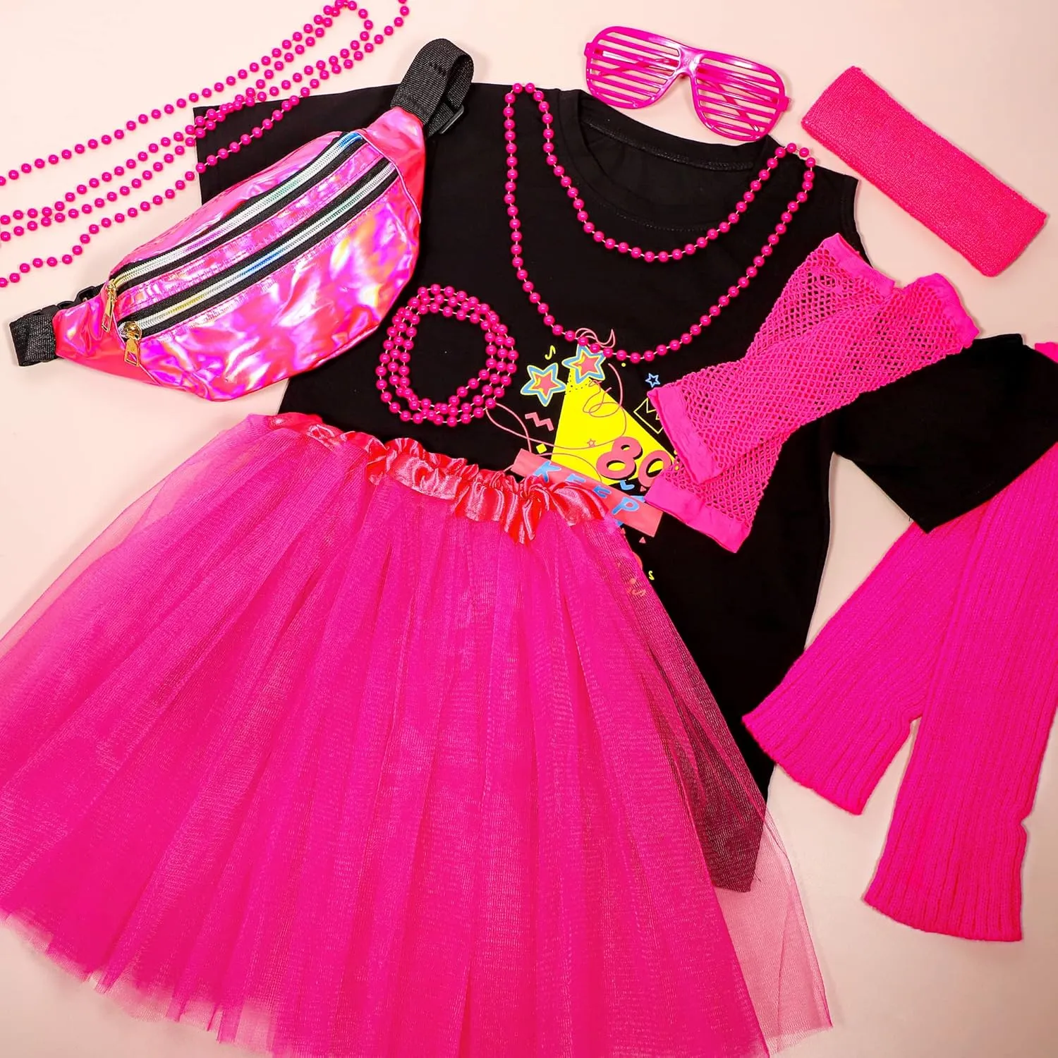 SOMSOC 13 Pieces Kids 80s Costume Accessories Set Girl's 80s Cosplay T-shirt Tutu Outfit Headband Necklace Gloves Leg Warmer