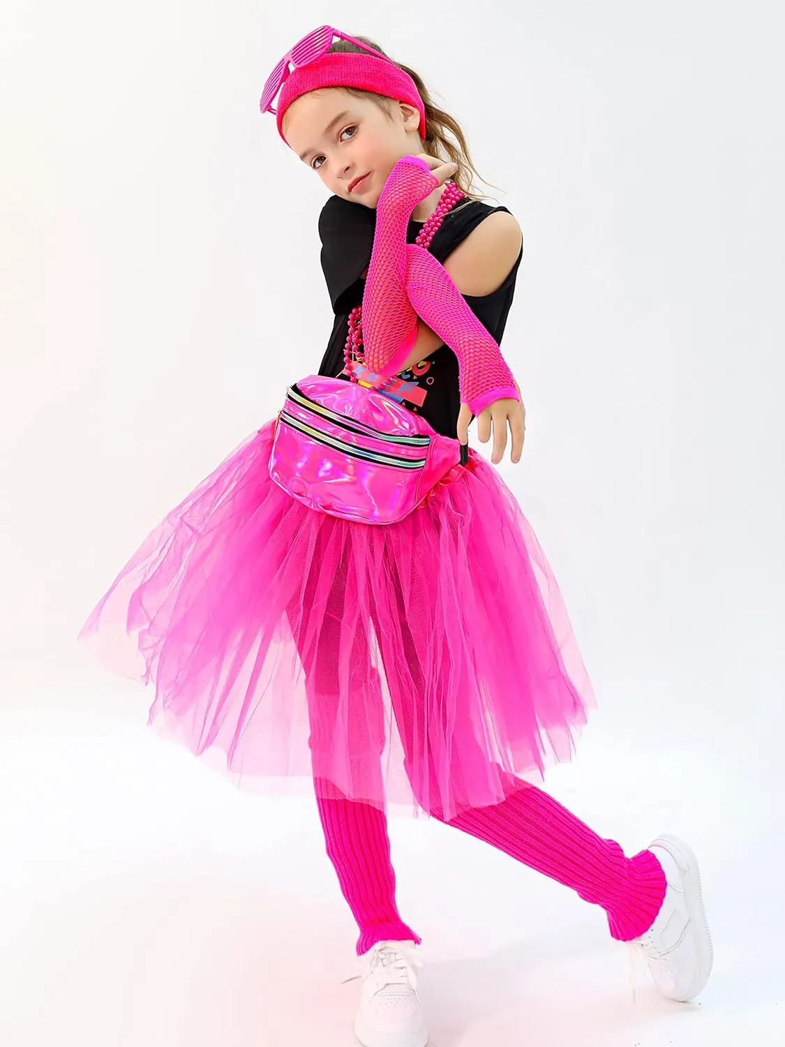 SOMSOC 13 Pieces Kids 80s Costume Accessories Set Girl's 80s Cosplay T-shirt Tutu Outfit Headband Necklace Gloves Leg Warmer