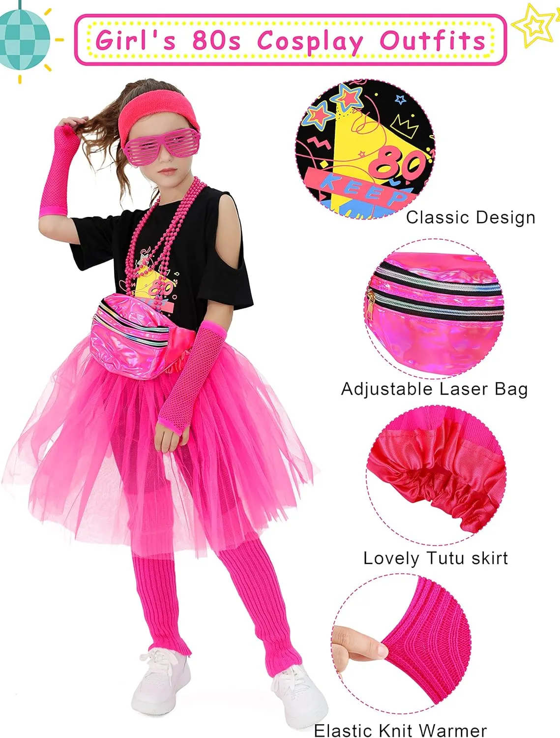 SOMSOC 13 Pieces Kids 80s Costume Accessories Set Girl's 80s Cosplay T-shirt Tutu Outfit Headband Necklace Gloves Leg Warmer