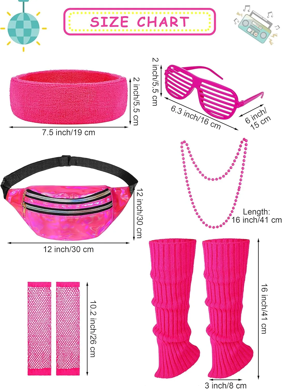 SOMSOC 13 Pieces Kids 80s Costume Accessories Set Girl's 80s Cosplay T-shirt Tutu Outfit Headband Necklace Gloves Leg Warmer