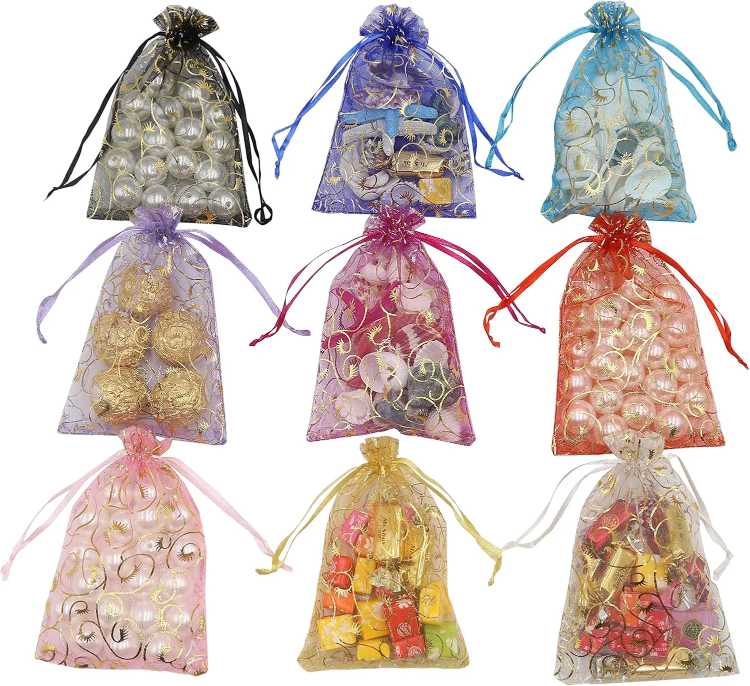 Stratalife Organza Bags 5 x 7 Small Mesh Gift Drawstring Bags Sheer Pouches for Wedding Party Favors Jewelry Candies 100PCS (Mixed Eyelash)