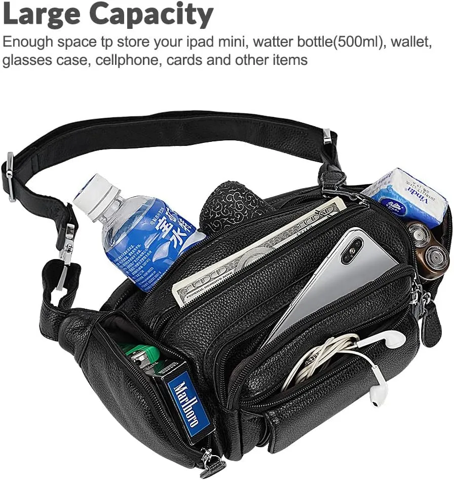 TIDING Genuine Leather Waist Bag for Men Multi-Pockets Fanny Pack Outdoor Travel Office Organizer