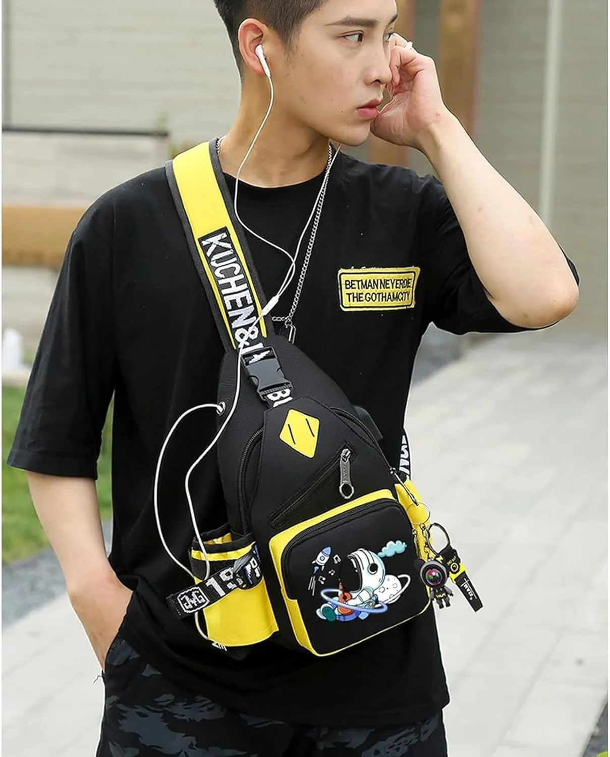 Water-Resistant Crossbody Sling Bag for Men Astronaut Casual Chest Shoulder Daypack Hiking Travel Backpack for 12.9 Inch Ipad (Yellow2)