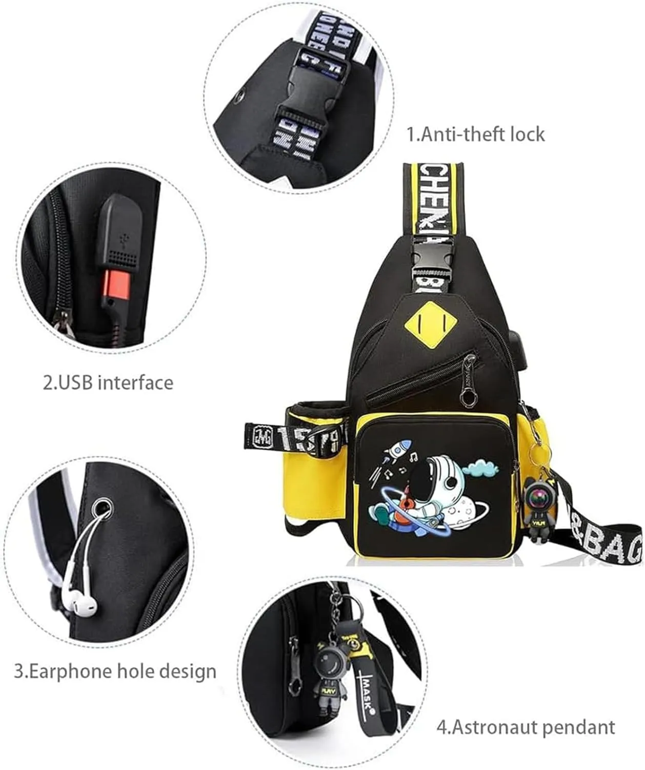Water-Resistant Crossbody Sling Bag for Men Astronaut Casual Chest Shoulder Daypack Hiking Travel Backpack for 12.9 Inch Ipad (Yellow2)