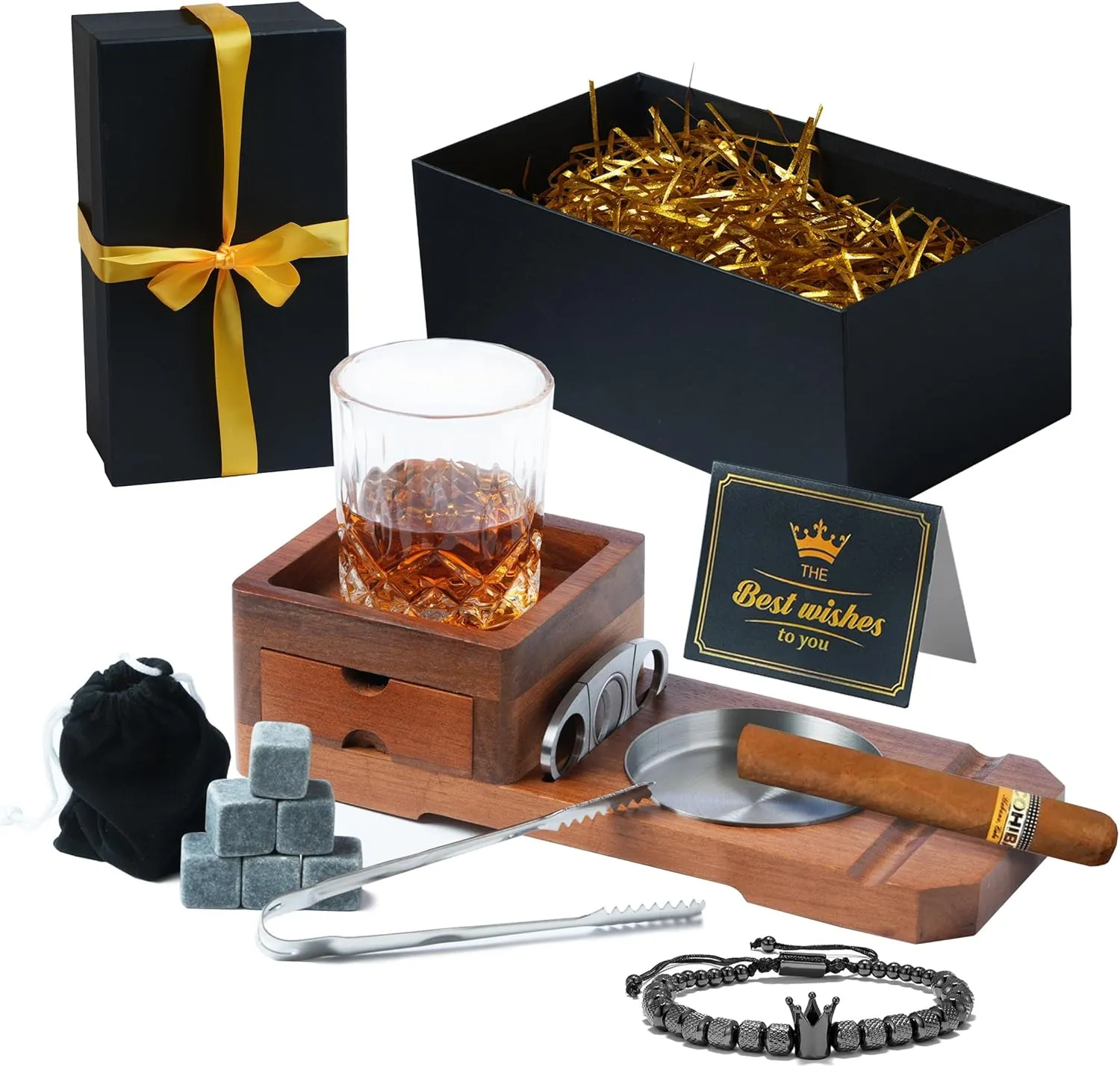 Whiskey Glass Gift Set&Wooden Cigar Ash Tray with Cigar Cutter1 Whiskey Glasses and Whiskey Stones with Tongs in Velvet Bag BraceletsMessage CardGift Set with Crinkle Cut Tissue Paper
