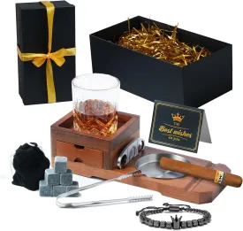 Whiskey Glass Gift Set&Wooden Cigar Ash Tray with Cigar Cutter1 Whiskey Glasses and Whiskey Stones with Tongs in Velvet Bag BraceletsMessage CardGift Set with Crinkle Cut Tissue Paper