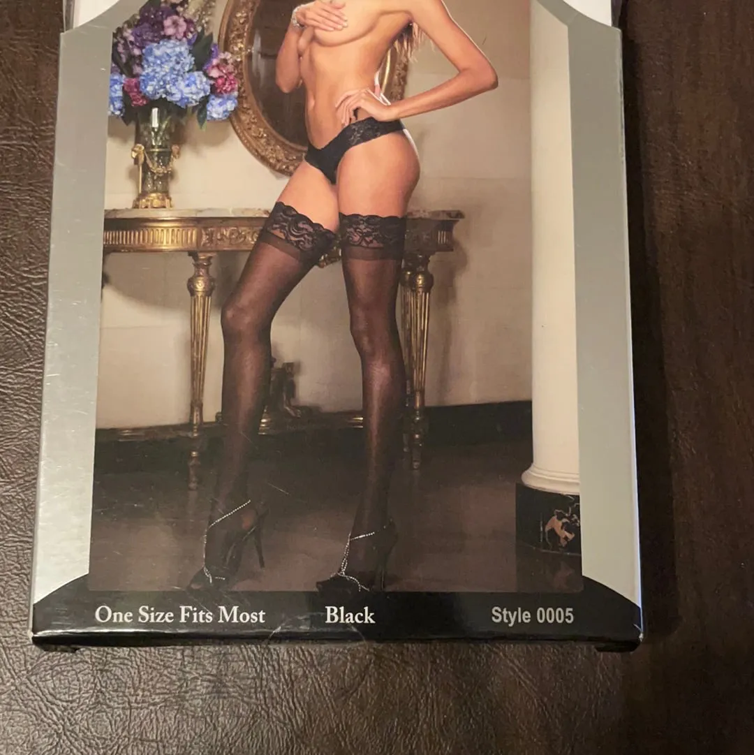 Womens One Size Dreamgirl Sheer Thigh High Stockings Lace Band Black Style 0005