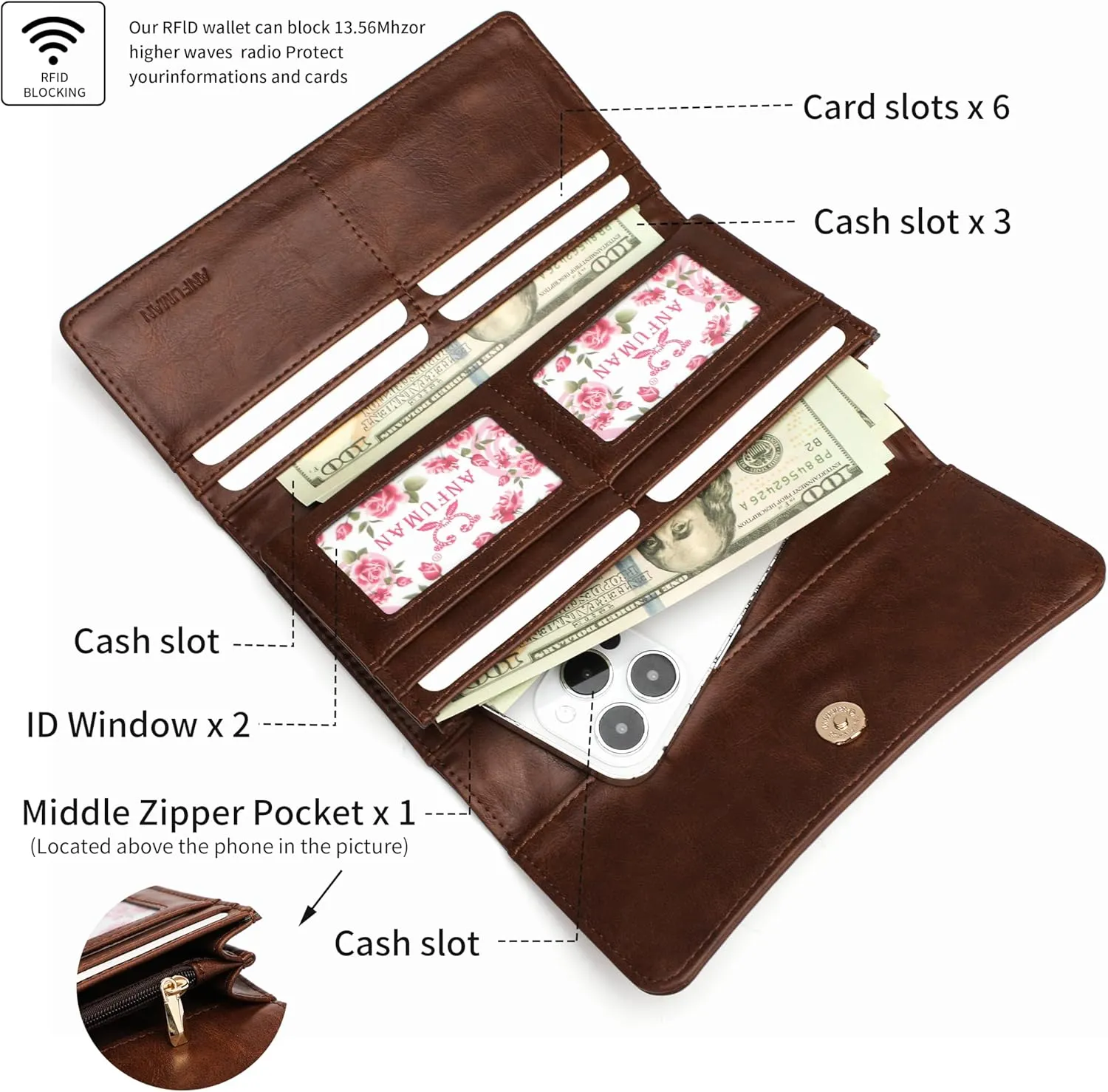 Womens Wallets RFID Blocking Leather Clutch Long Wallet for Women Card Holder Phone Organizer Ladies Travel Purses Brown