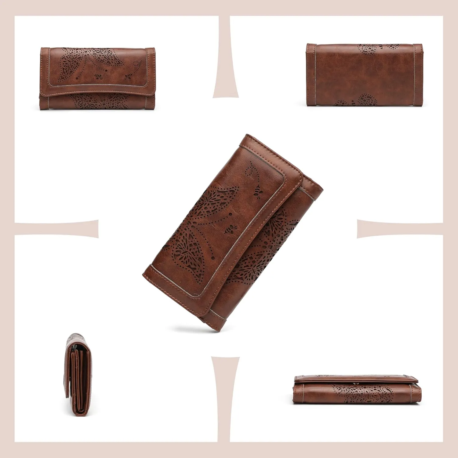 Womens Wallets RFID Blocking Leather Clutch Long Wallet for Women Card Holder Phone Organizer Ladies Travel Purses Brown