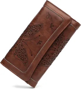 Womens Wallets RFID Blocking Leather Clutch Long Wallet for Women Card Holder Phone Organizer Ladies Travel Purses Brown